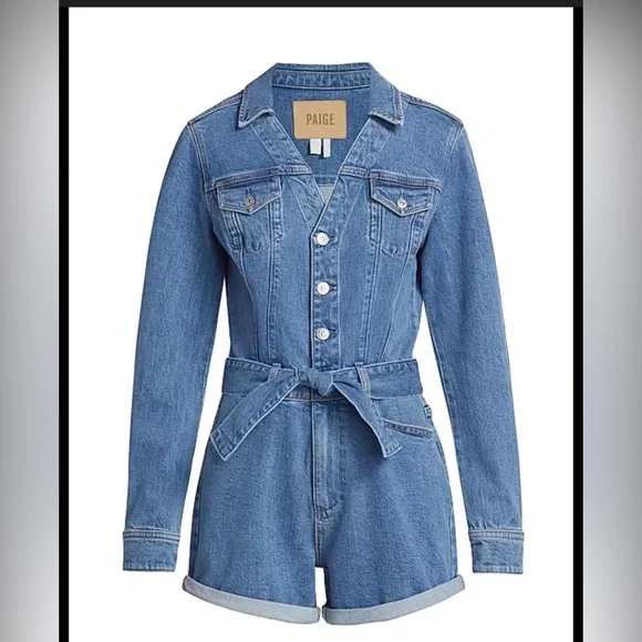 NWT PAIGE Maggy Tie Waist Long Sleeve Denim Romper jeans size 12 NWT - Picture 1 of 8